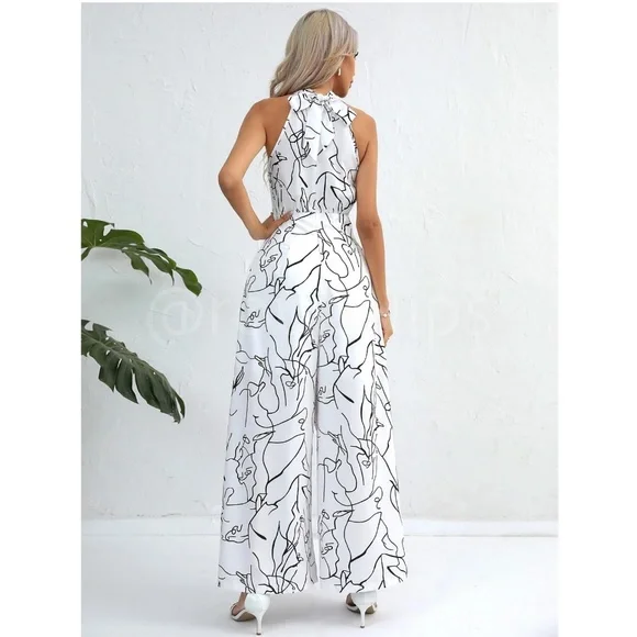 Abstract Print Black on White Long Wide Leg Halter Jumpsuit - Picture 2 of 7